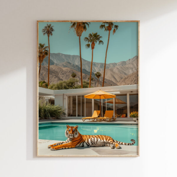 Tiger poolside villa wall art artwork view 1 with a tiger subject set against a villa pool scene with clean architectural geometry