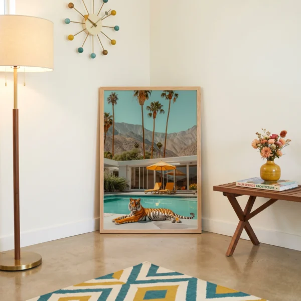 Tiger poolside villa wall art artwork view 2 with a tiger subject set against a villa pool scene with clean architectural geometry