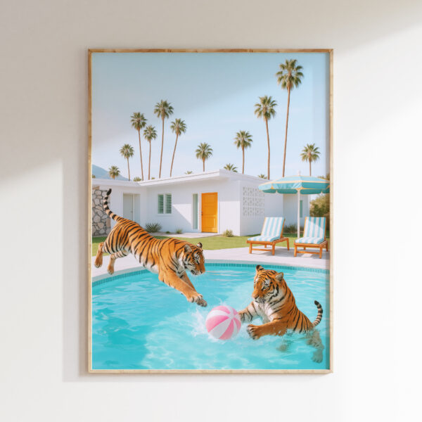 Two tigers pool game wall art with playful poolside narrative scene