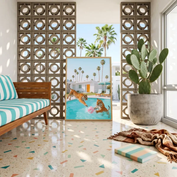 Framed tiger poolside art print with bold social-space energy