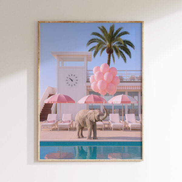 Elephant pink balloons wall art beside a turquoise pool