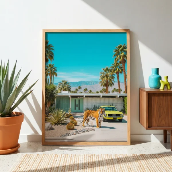 Framed tiger car art print with bold mint and warm neutral contrast