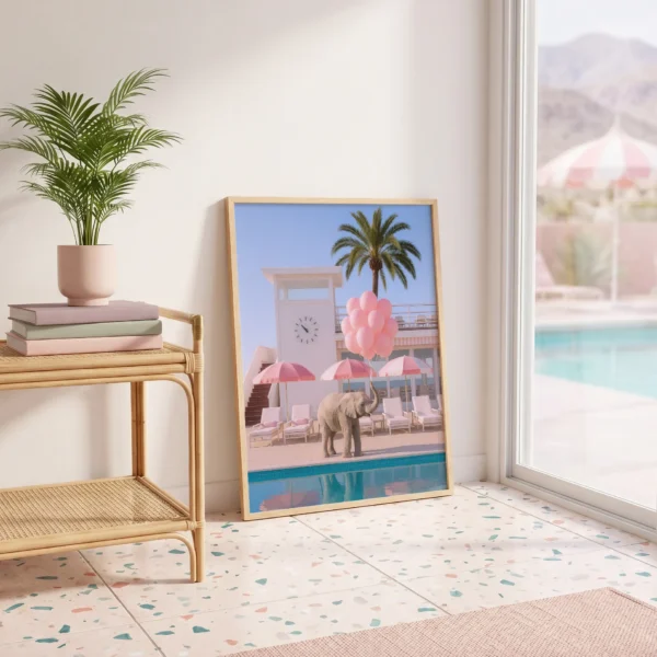 Elephant pink balloons wall art artwork view 2 with an elephant character with pink balloons in a polished poolside composition