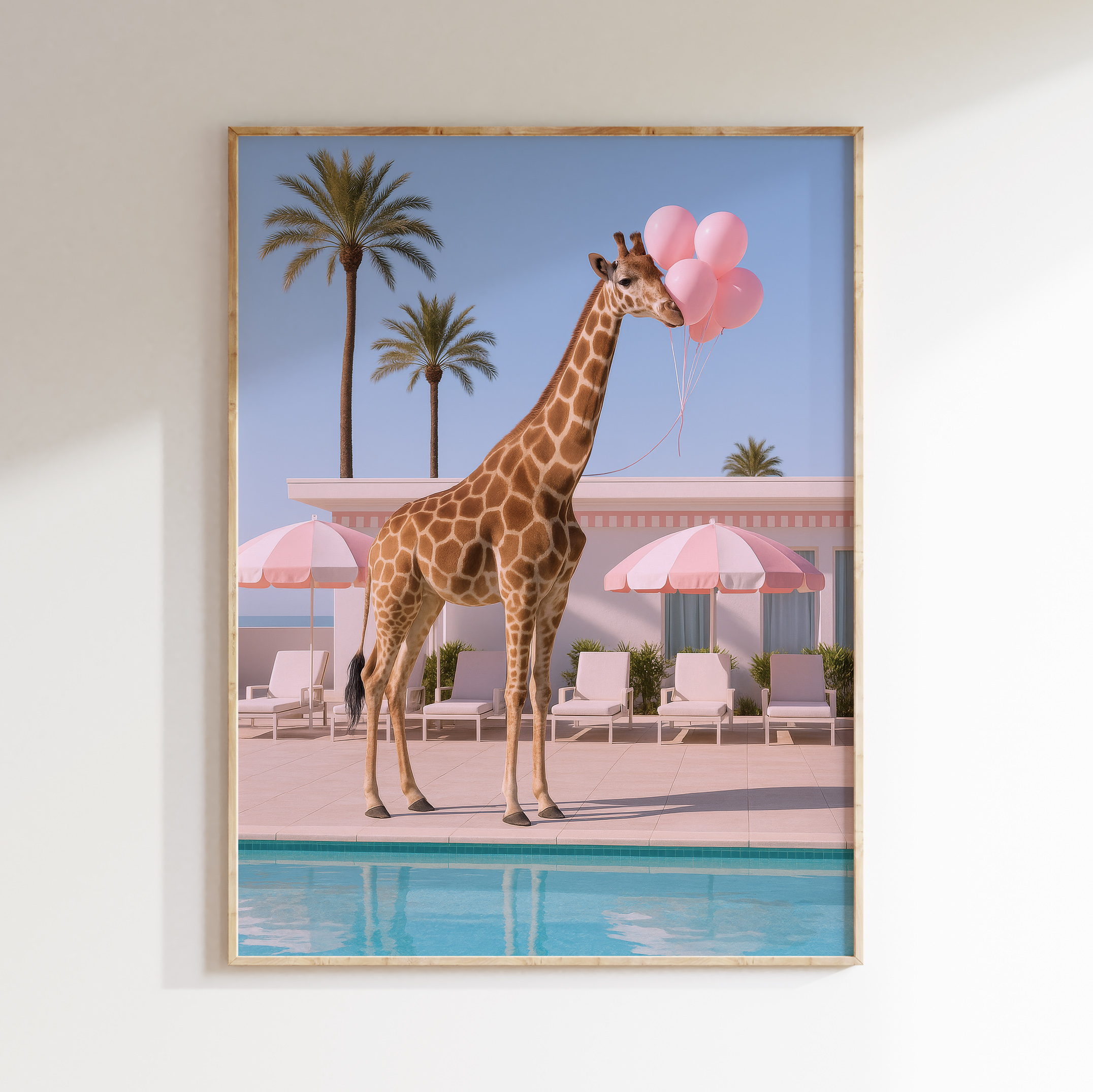 Giraffe pool wall art artwork view 1 with a giraffe poolside scene accented by pink balloons and clear desert light