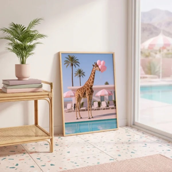 Giraffe pool wall art artwork view 2 with a giraffe poolside scene accented by pink balloons and clear desert light