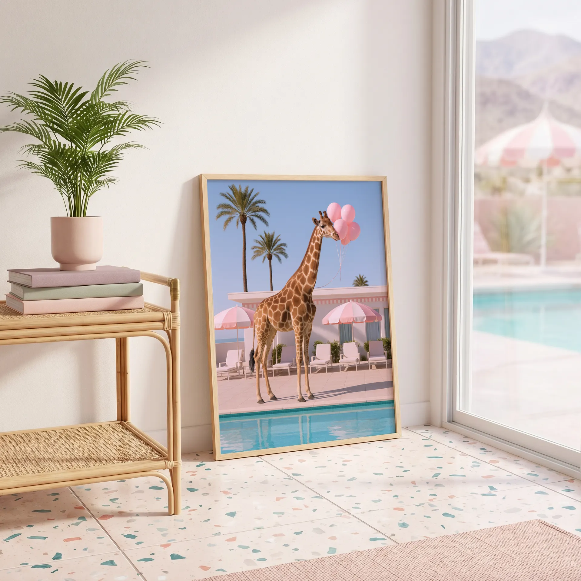 Giraffe pool wall art artwork view 2 with a giraffe poolside scene accented by pink balloons and clear desert light