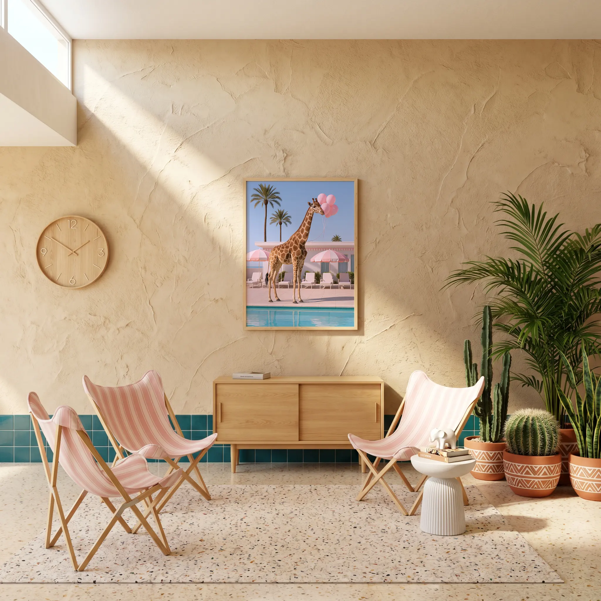 Giraffe pool wall art artwork view 3 with a giraffe poolside scene accented by pink balloons and clear desert light