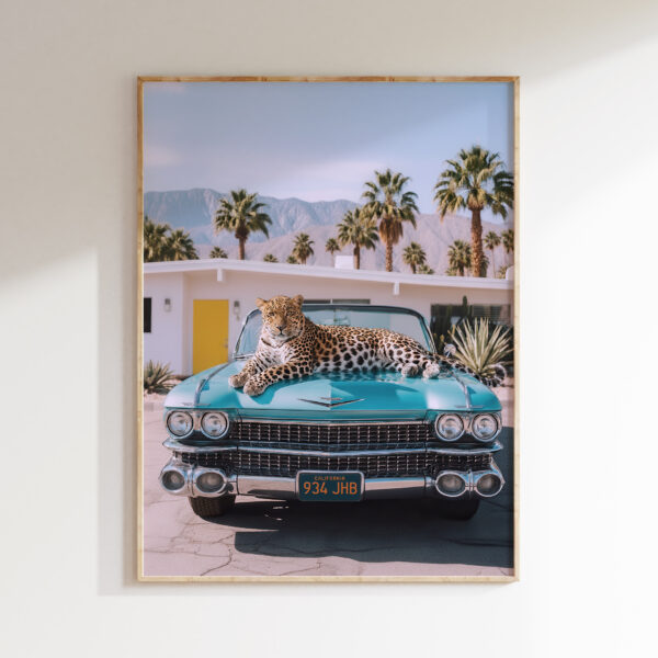 Turquoise Cadillac leopard wall art with retro Palm Springs color story