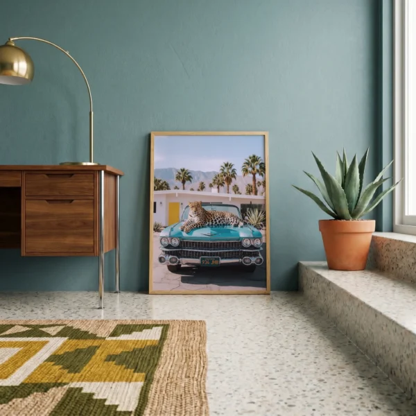 Framed leopard Cadillac art print for bold design-led interiors
