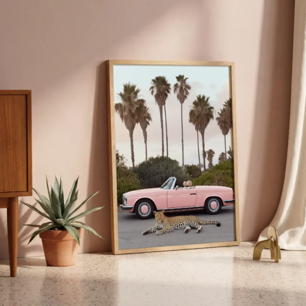 Framed leopard car art print with cinematic Palm Springs mood