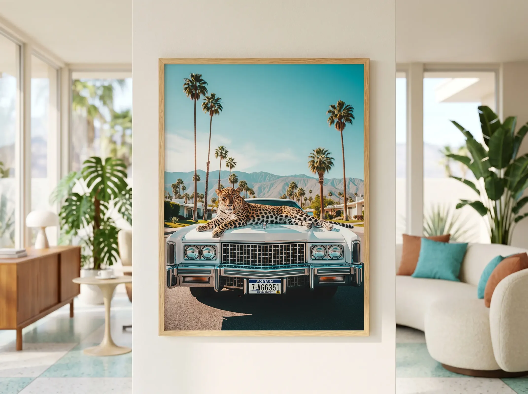 Framed leopard and classic Cadillac wall art in a bright Palm Springs-inspired interior