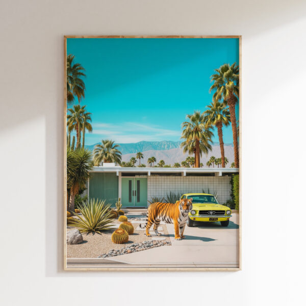 Tiger mint door wall art with classic car and retro architectural color