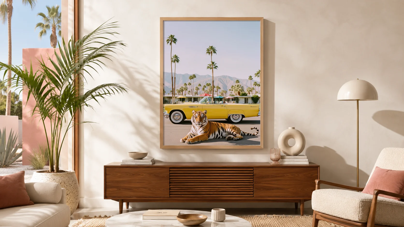Palm Springs-inspired living room wall art featuring a tiger in front of a yellow convertible with palm trees and mountains