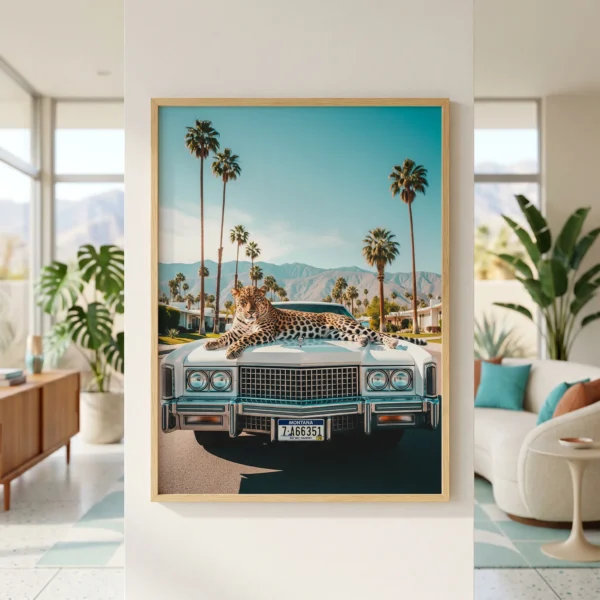 Leopard and vintage Cadillac art print with bold retro color palette.