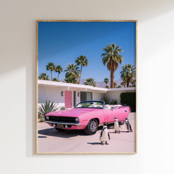 Penguin pink convertible wall art artwork view 1 with a duo penguin composition with a pink convertible and relaxed roadside atmosphere