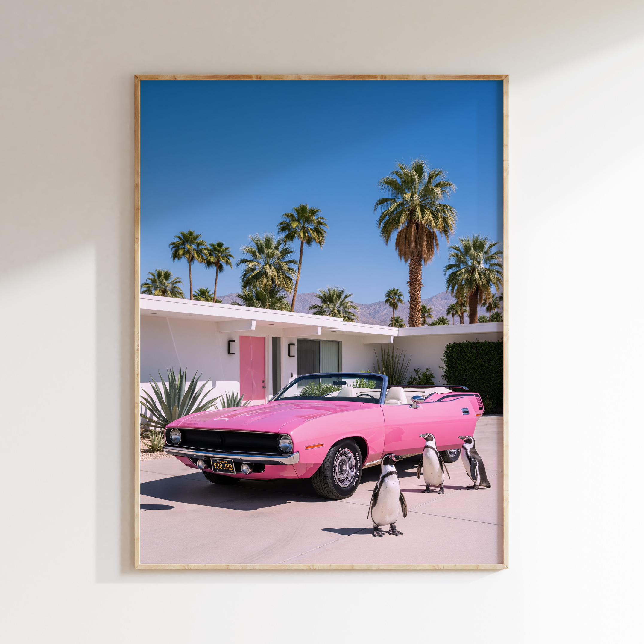 Penguin pink convertible wall art artwork view 1 with a duo penguin composition with a pink convertible and relaxed roadside atmosphere