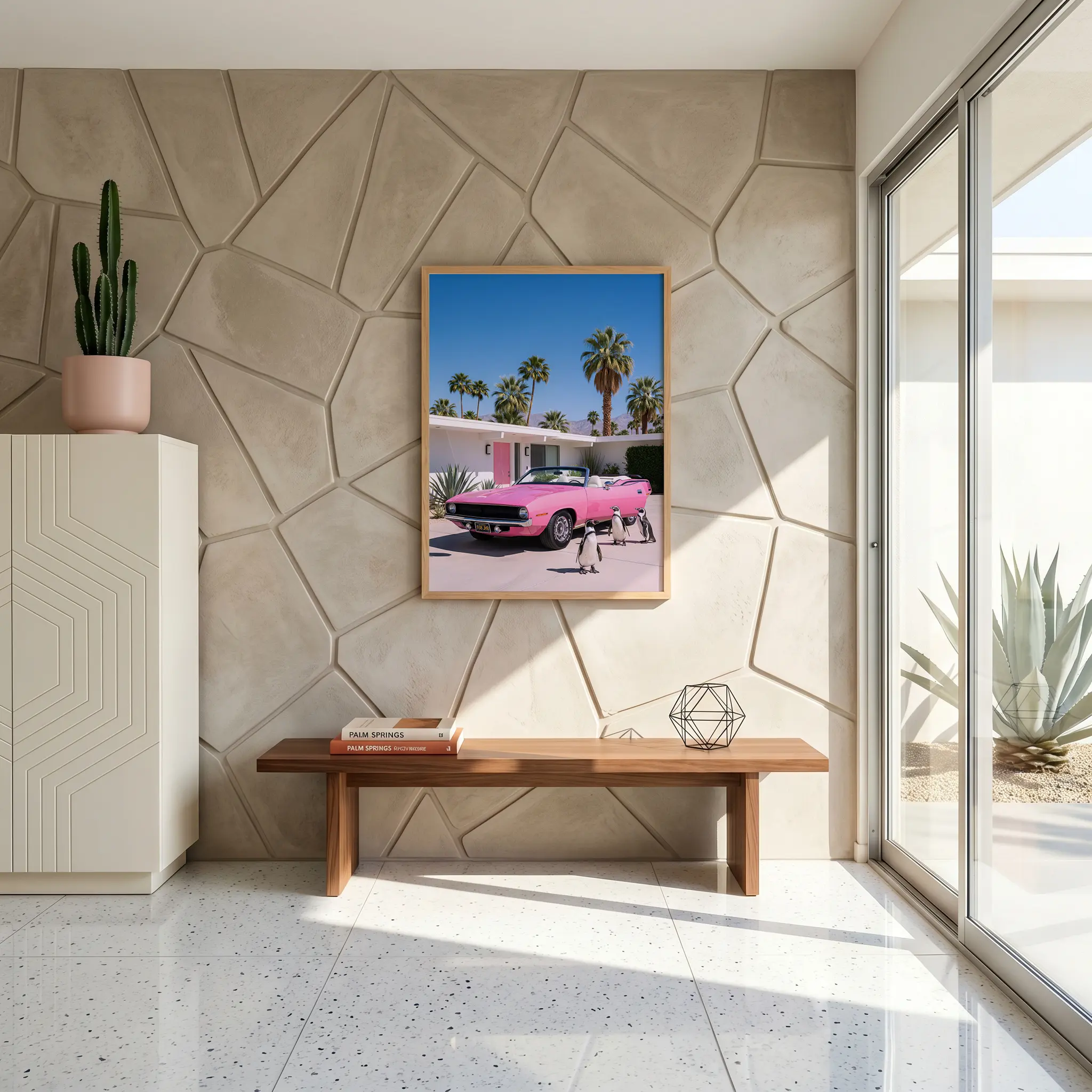 Penguin pink convertible wall art artwork view 3 with a duo penguin composition with a pink convertible and relaxed roadside atmosphere