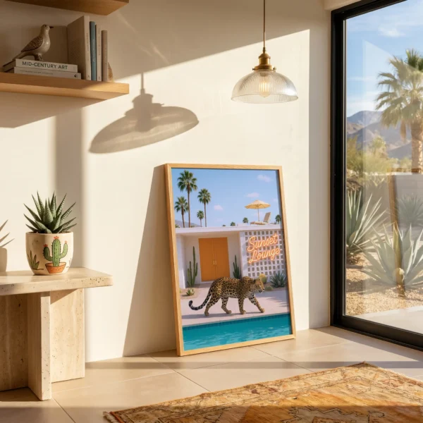Framed poolside leopard print for modern resort-inspired interiors