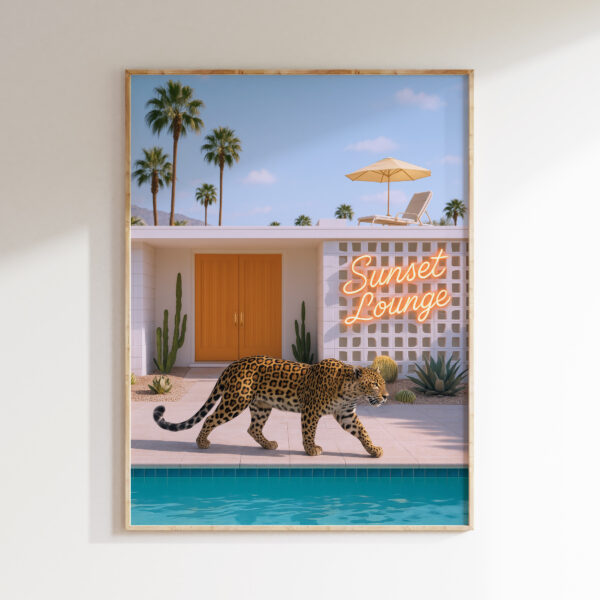 Leopard pool wall art with Sunset Lounge sign and turquoise pool