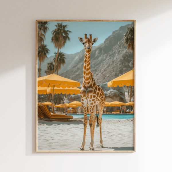 Giraffe resort wall art with yellow umbrellas in a bright poolside setting