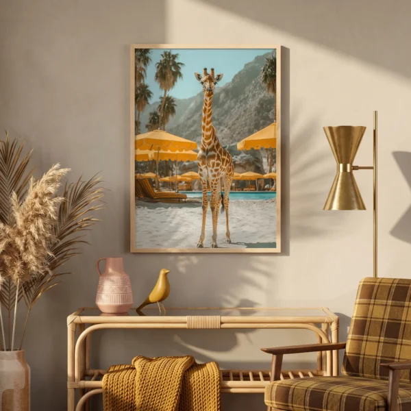 Framed giraffe print with playful luxury poolside mood