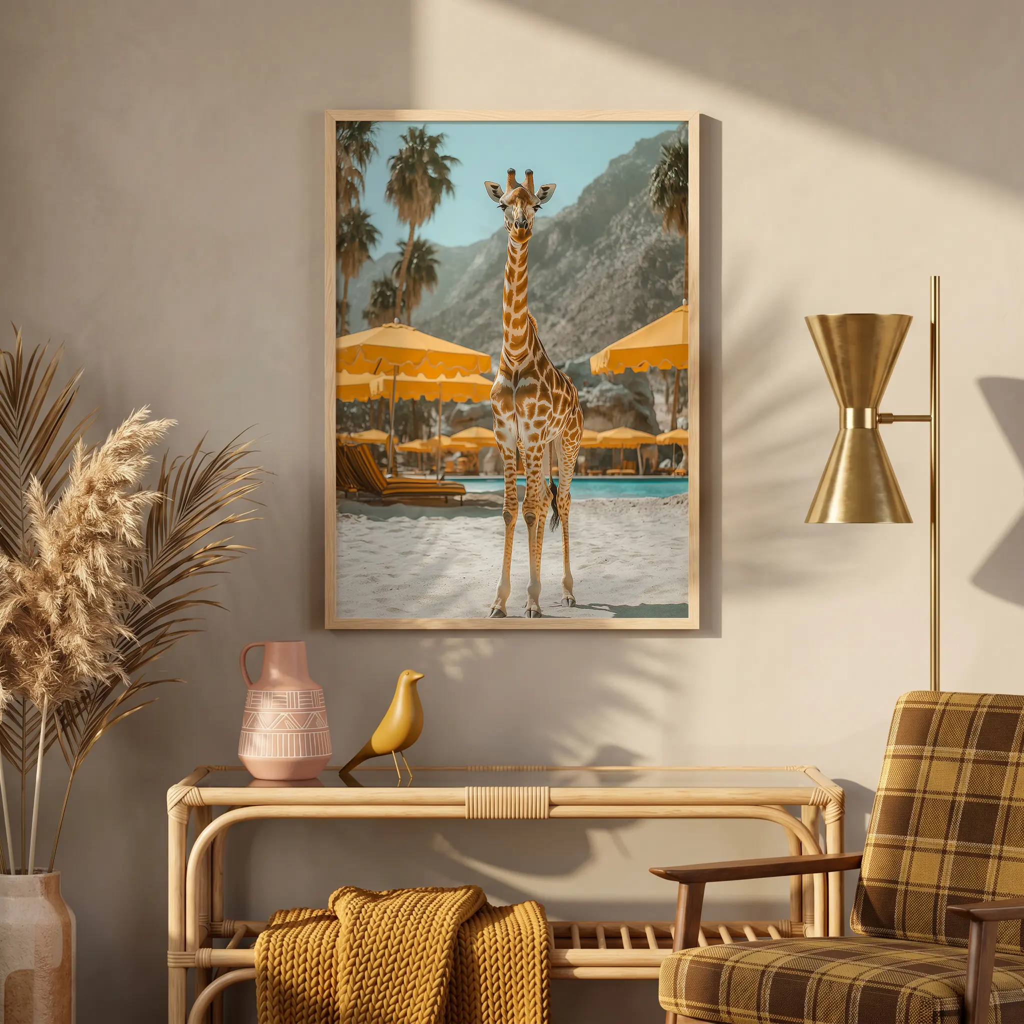 Framed giraffe print with playful luxury poolside mood