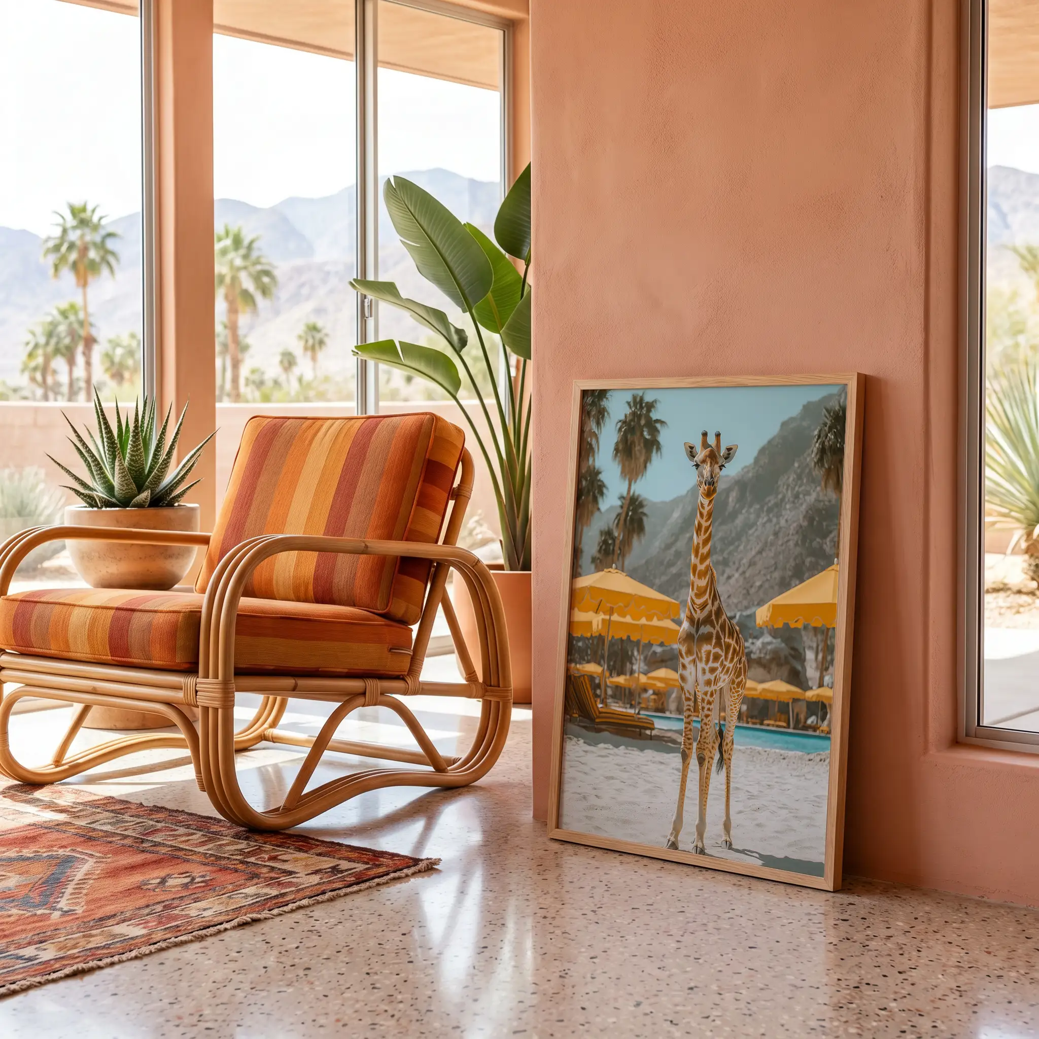 Resort style wall art featuring giraffe subject and yellow accents