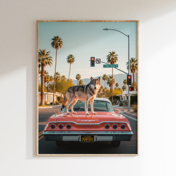 Wolf sunset drive wall art image 1 with a wolf near a classic car on a sunset boulevard with palm-lined evening atmosphere