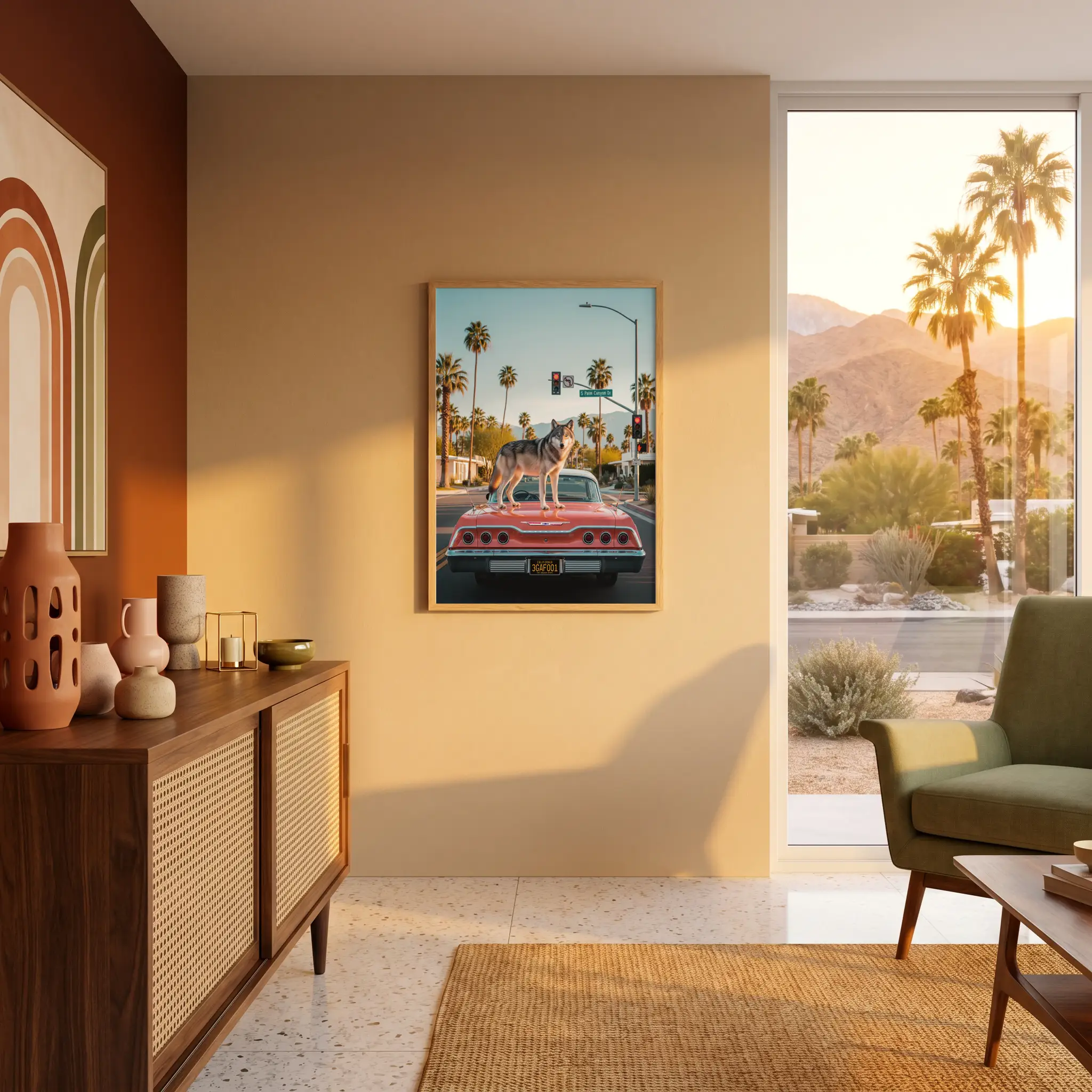 Wolf sunset drive wall art image 3 with a wolf near a classic car on a sunset boulevard with palm-lined evening atmosphere