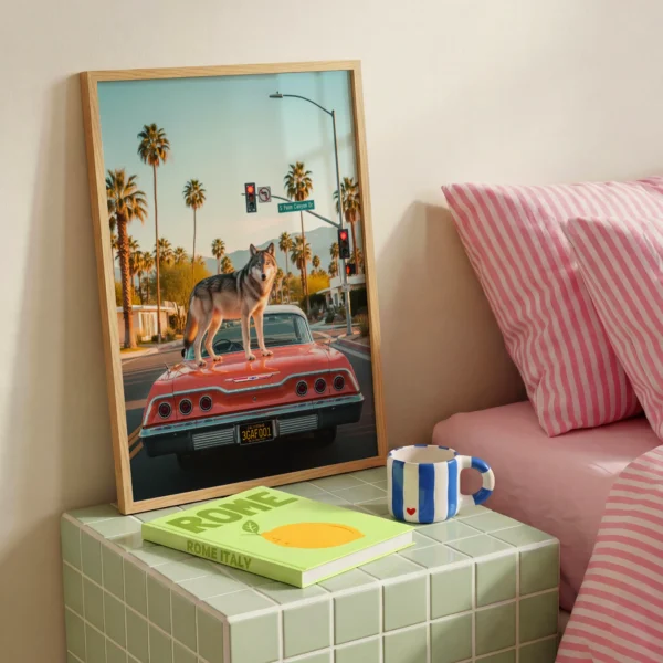 Wolf sunset drive wall art image 2 with a wolf near a classic car on a sunset boulevard with palm-lined evening atmosphere