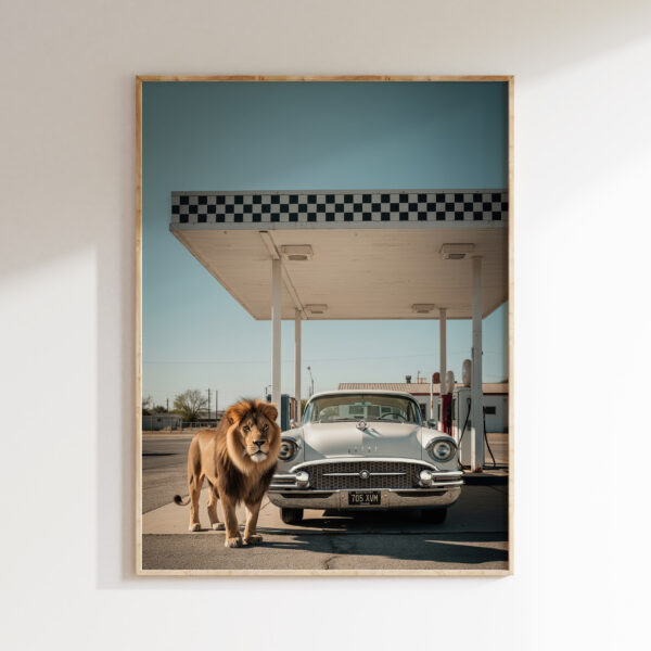 Lion gas station wall art with vintage roadside car and retro signage