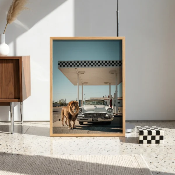 Framed lion car art print inspired by route-era petrol station design
