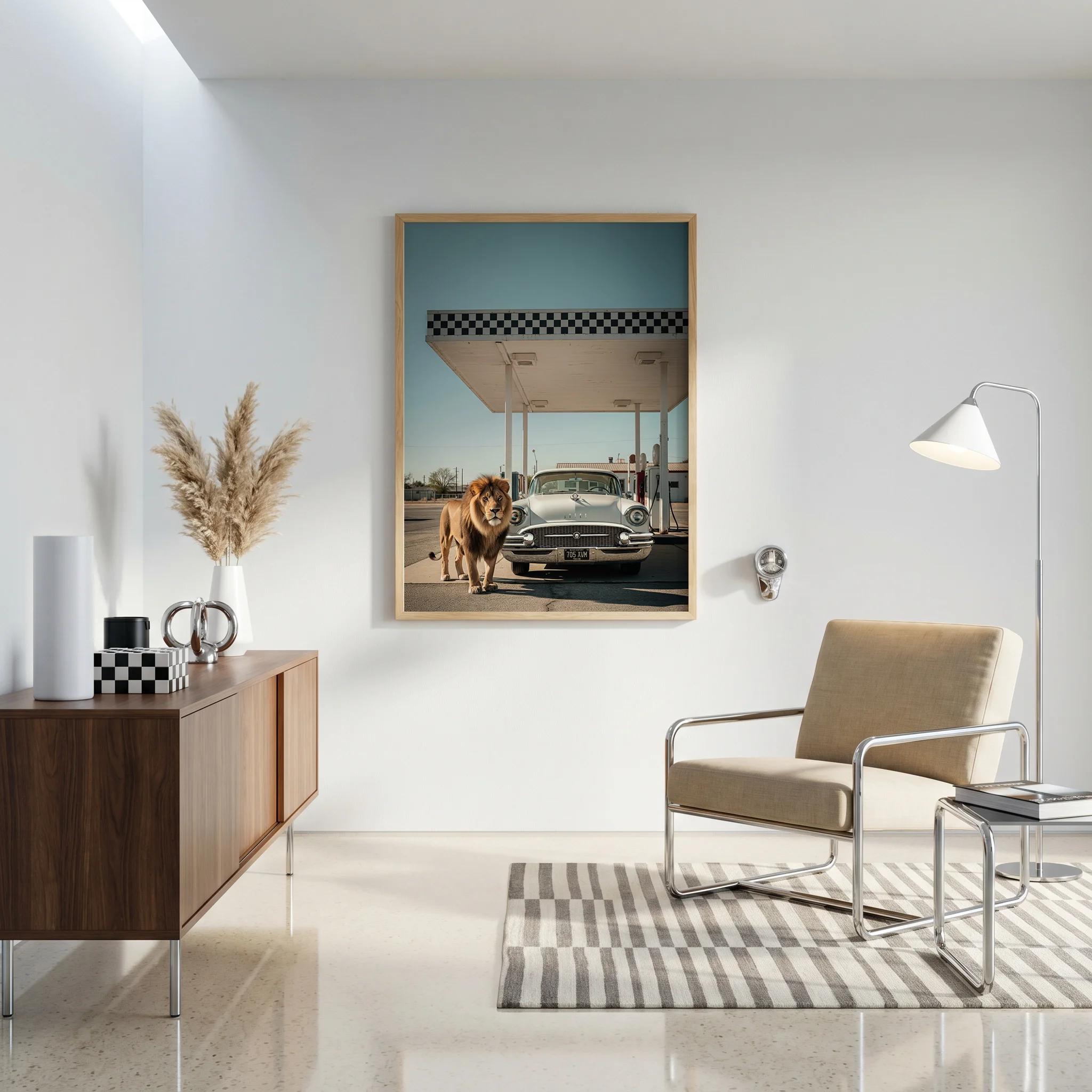Retro lion wall art featuring gas station architecture and classic car mood