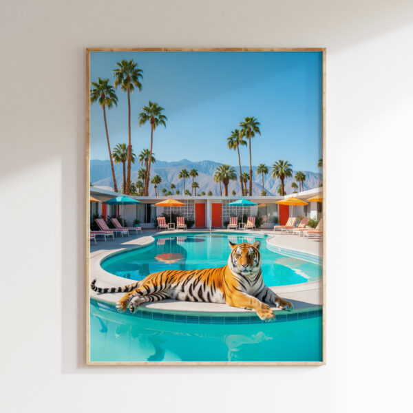 Tiger poolside wall art with turquoise pool and bright resort mood