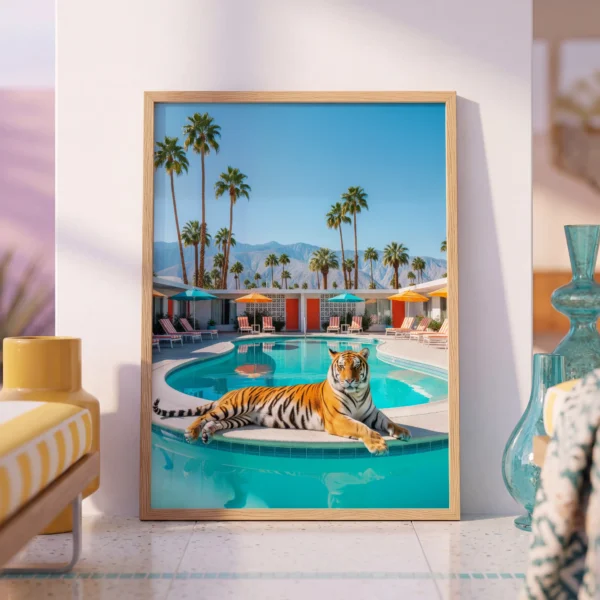 Framed tiger print for colorful poolside-inspired interiors