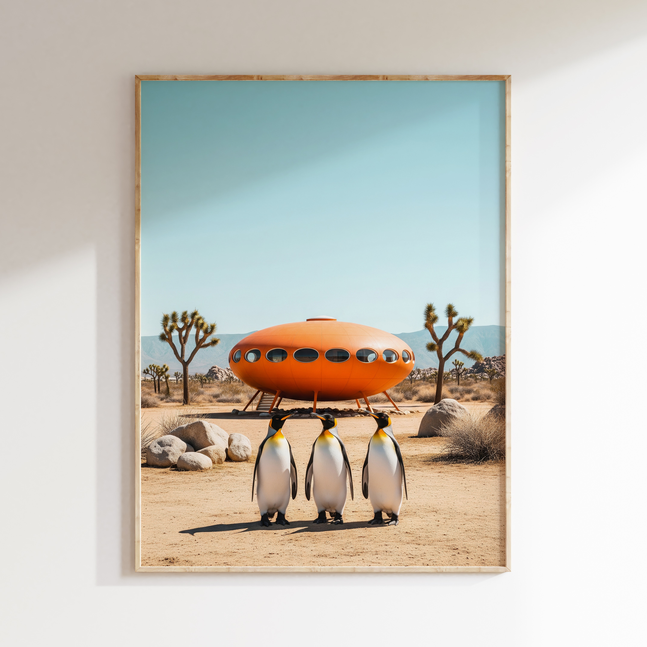 Penguin desert wall art with Futuro House and retro architecture mood