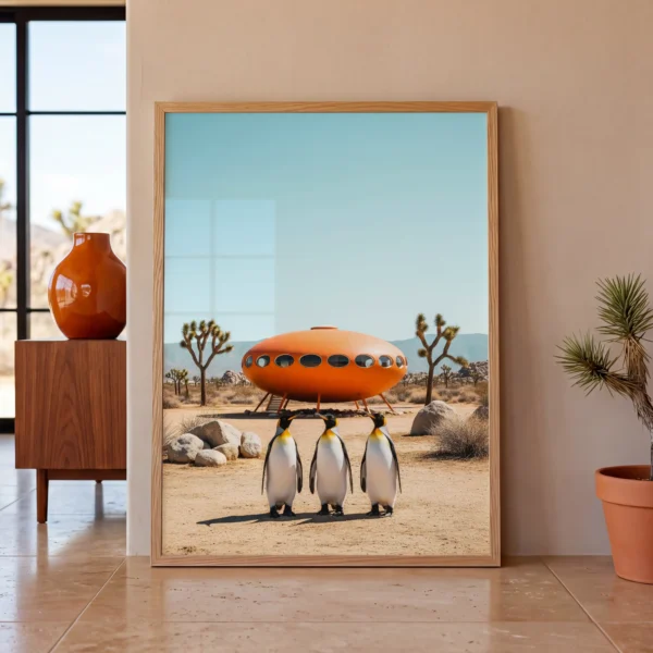 Framed penguin print featuring iconic Futuro architecture scene