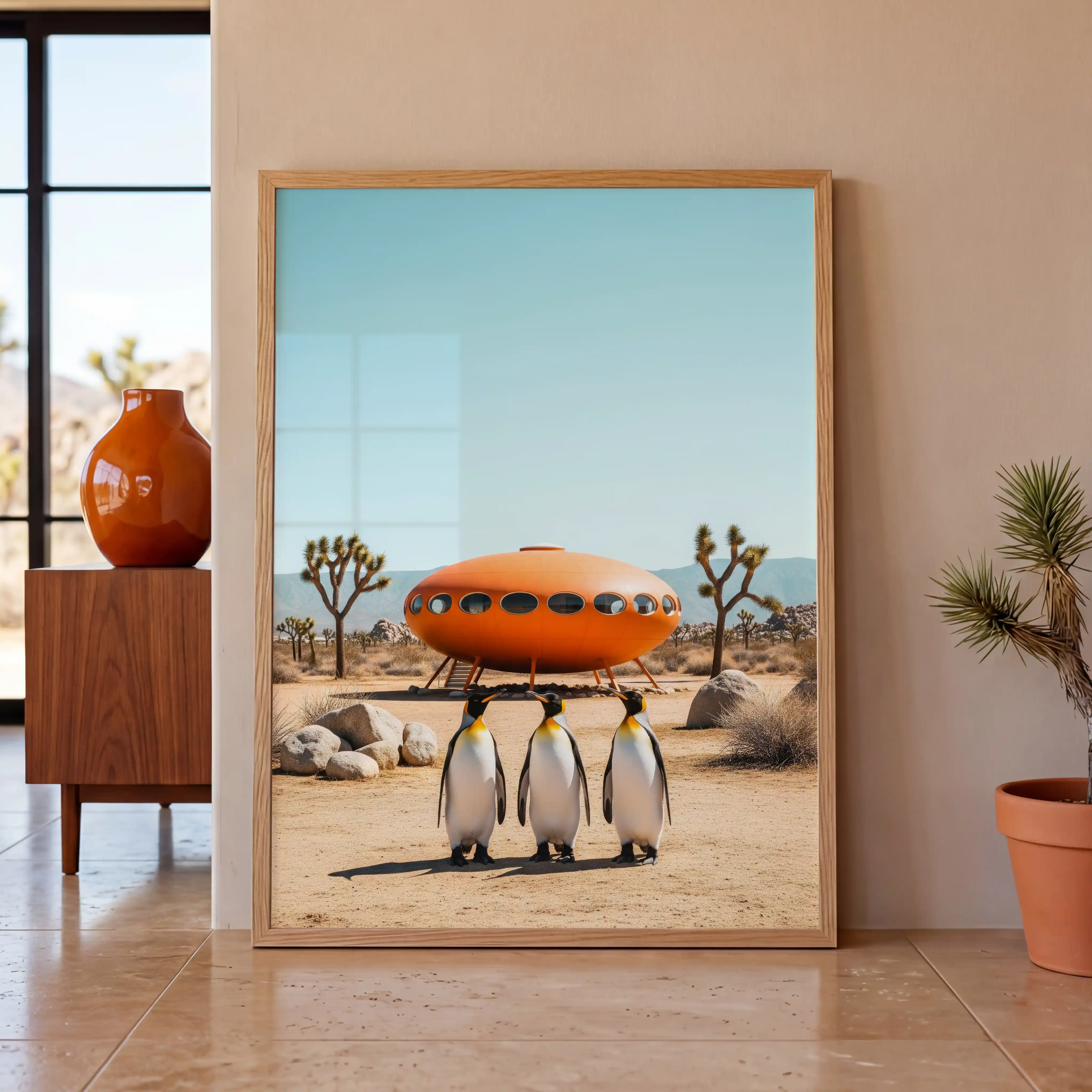 Framed penguin print featuring iconic Futuro architecture scene