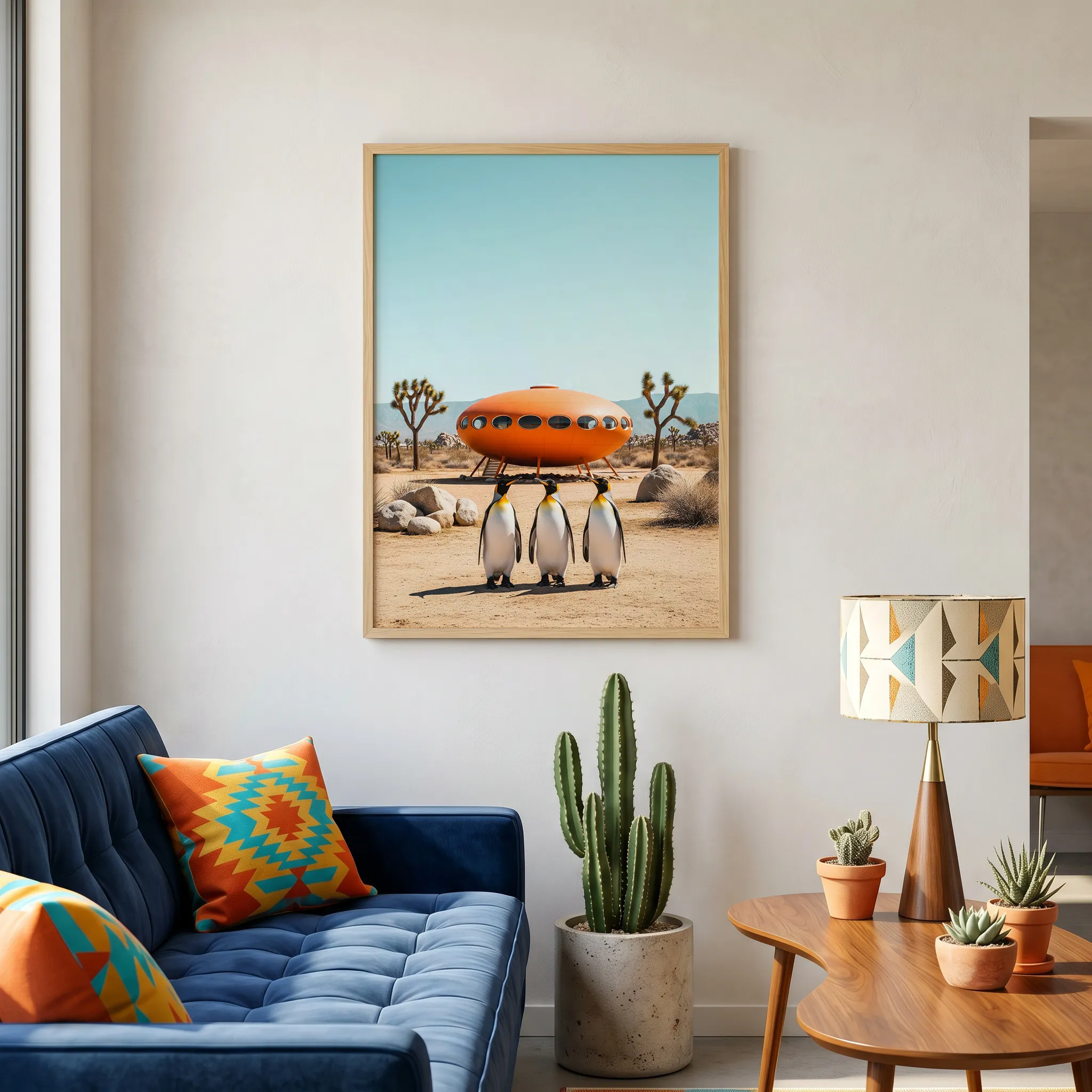 Retro architecture wall art with penguin subject in desert setting