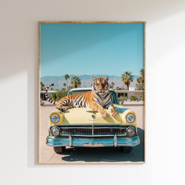 Framed tiger car wall art with yellow Fairlane in Palm Springs-inspired style.
