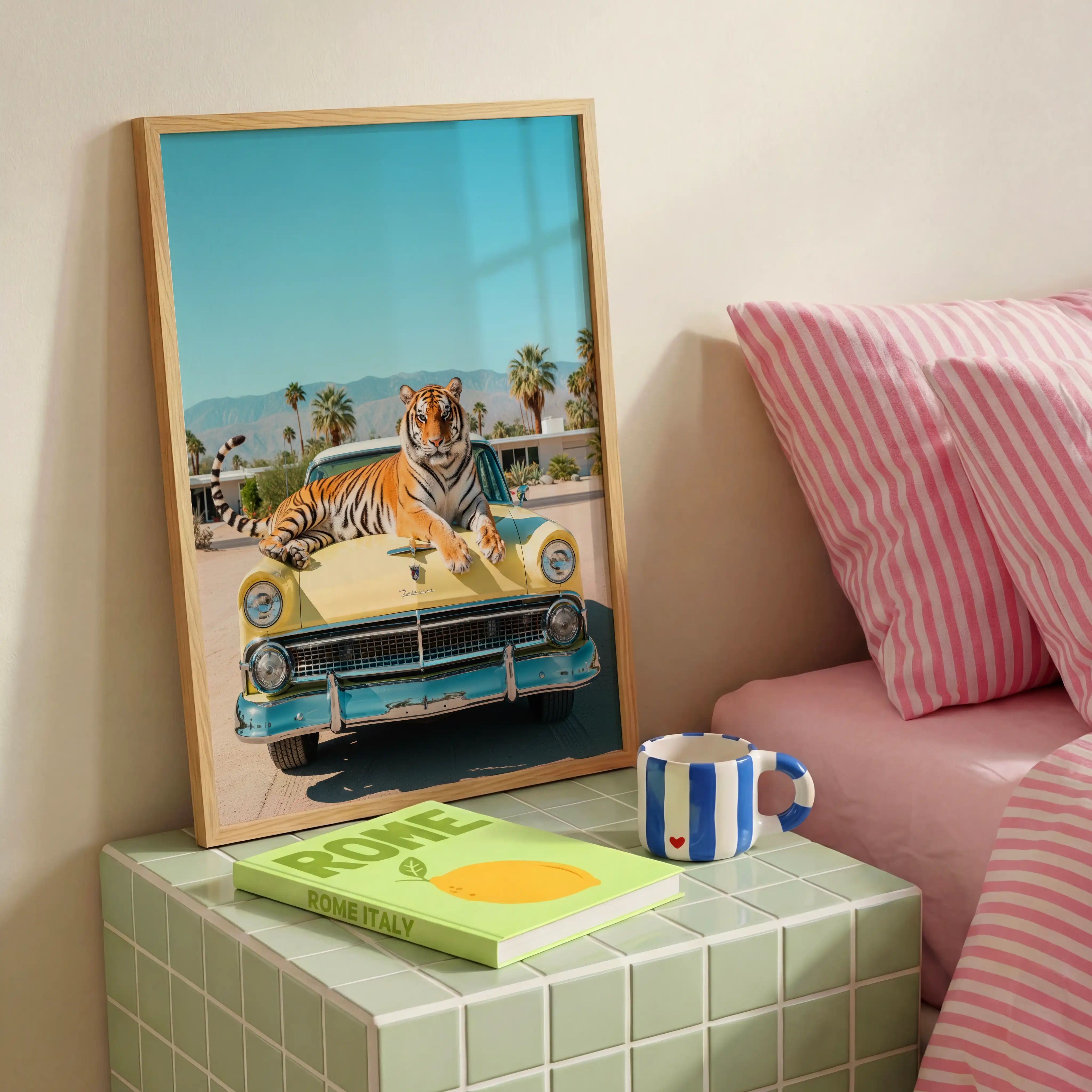 Tiger wall art print with yellow Fairlane and retro Palm Springs mood.