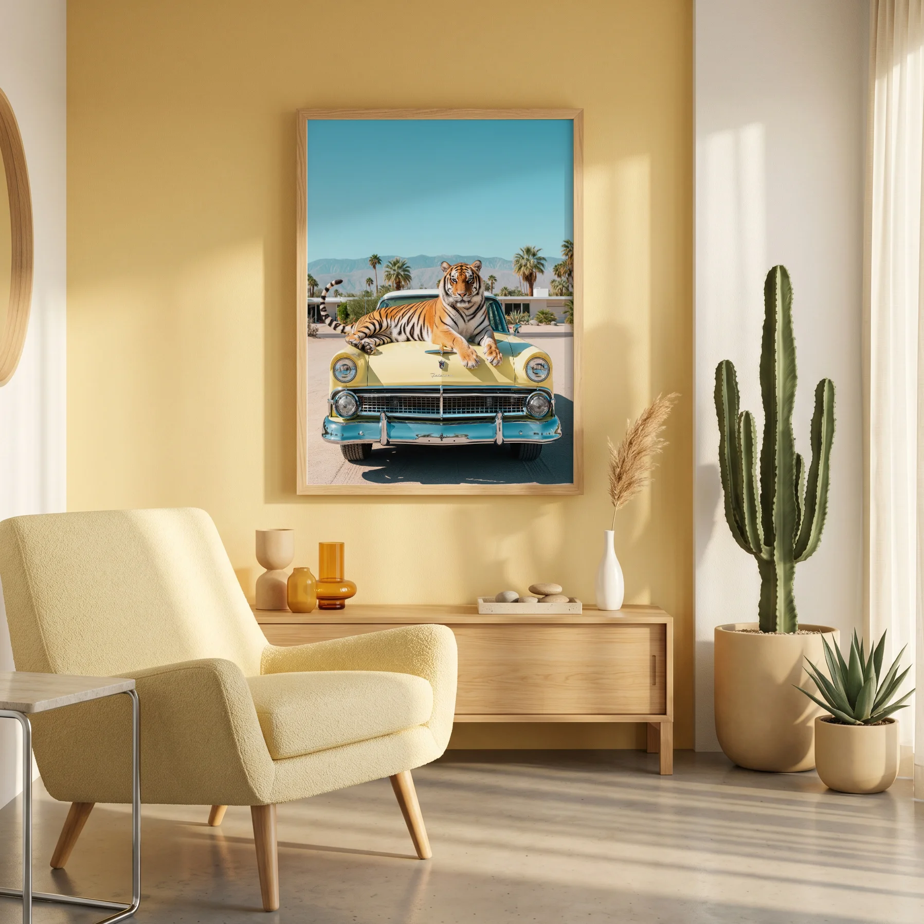 Palm Springs-inspired framed tiger print with classic yellow Fairlane.