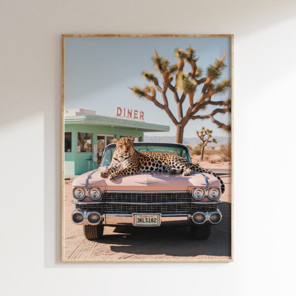 Leopard diner wall art with pink classic car in a retro Palm Springs scene
