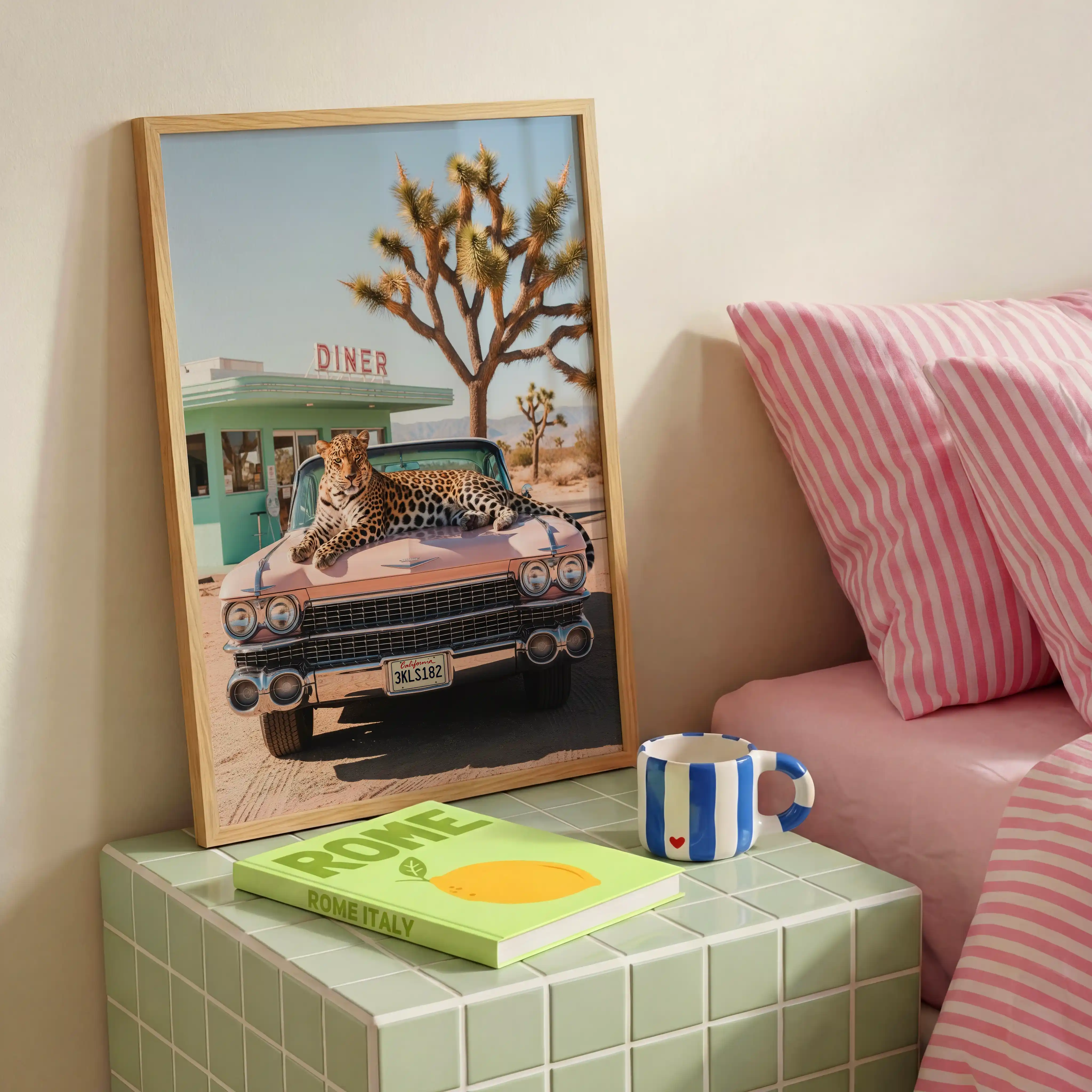 Framed leopard car art print with pink diner color palette