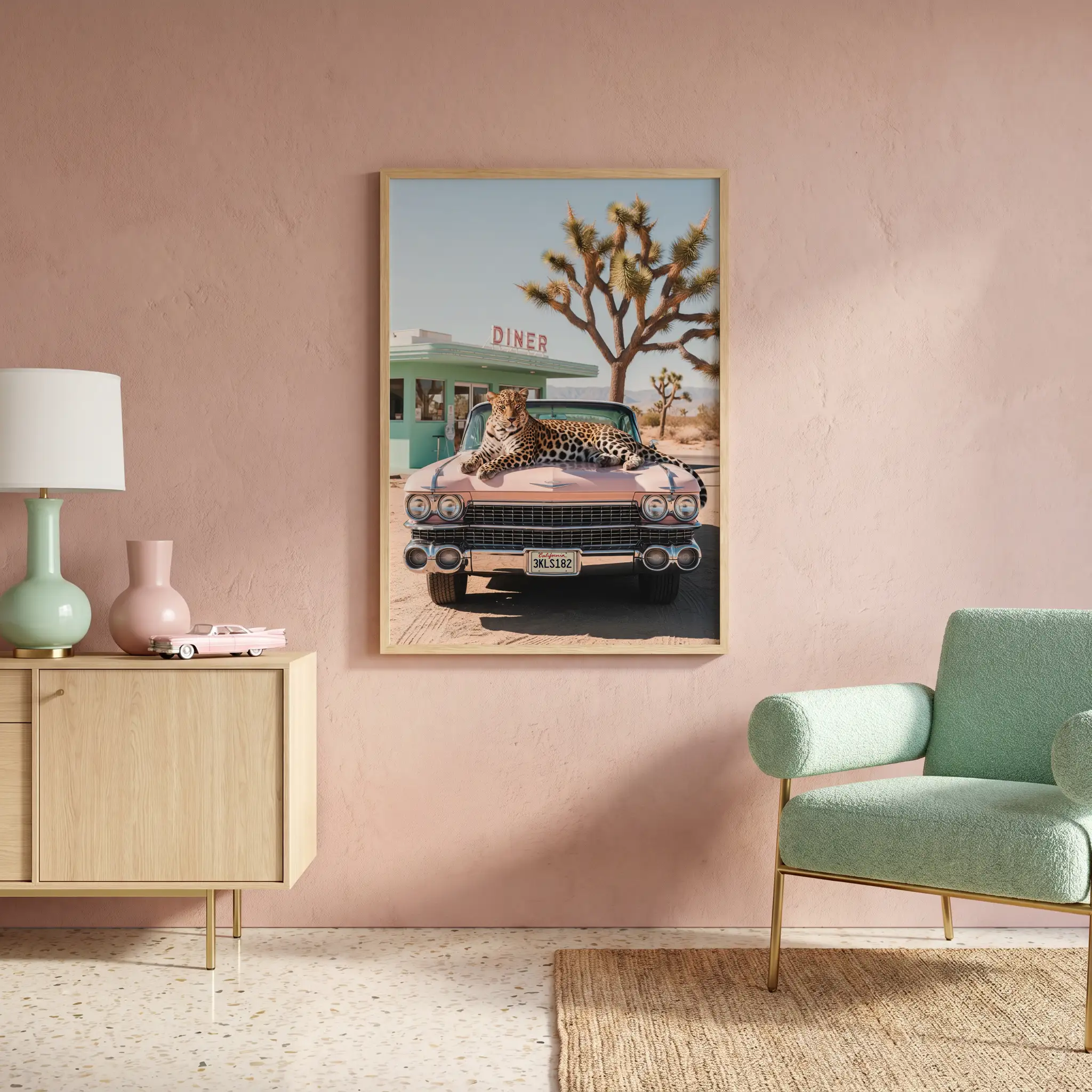 Retro diner art print featuring leopard subject and pink vintage car