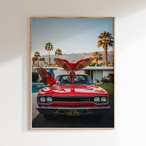 Framed parrot car wall art with red Plymouth in Palm Springs-inspired style.