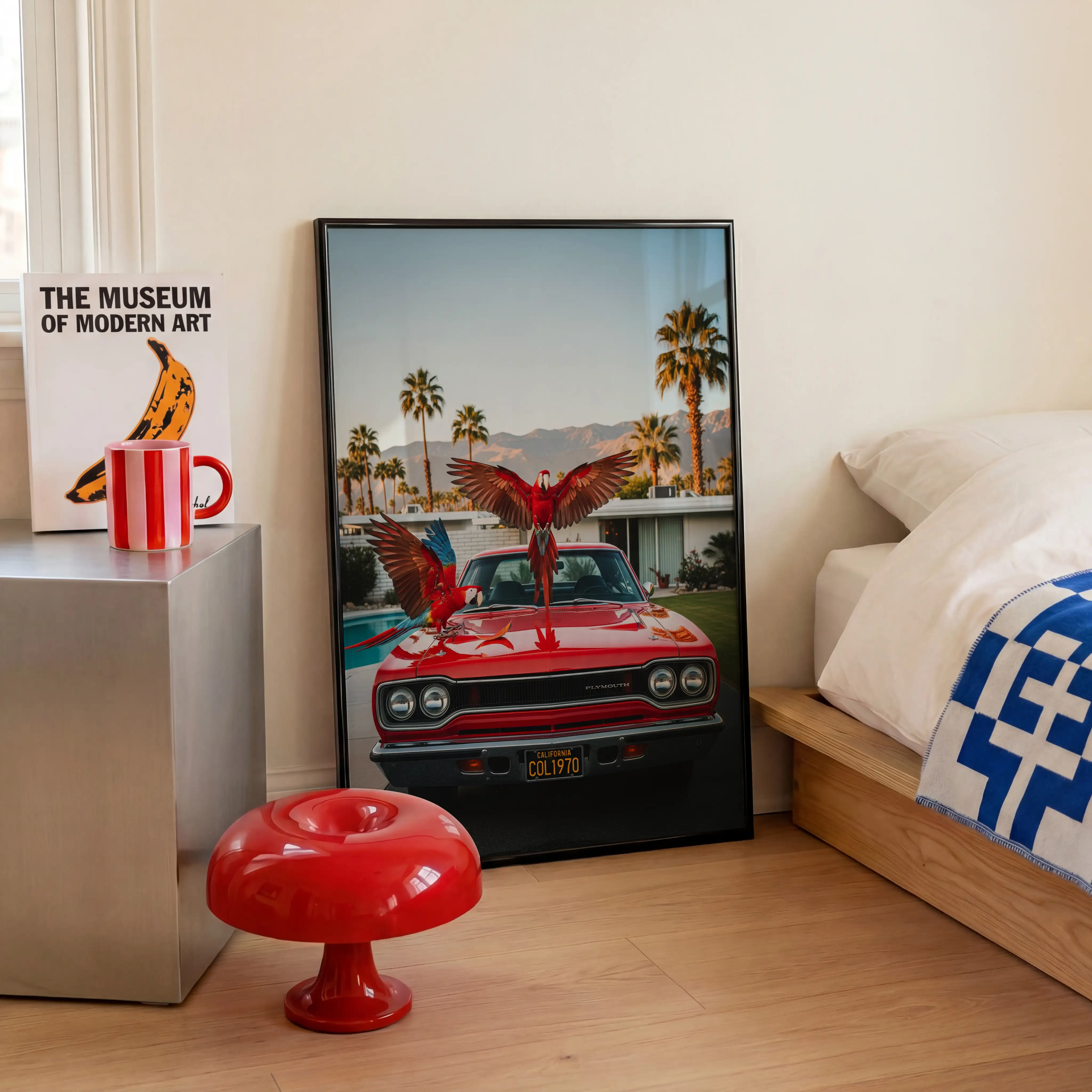 Parrot and red Plymouth wall art print with bright retro color.