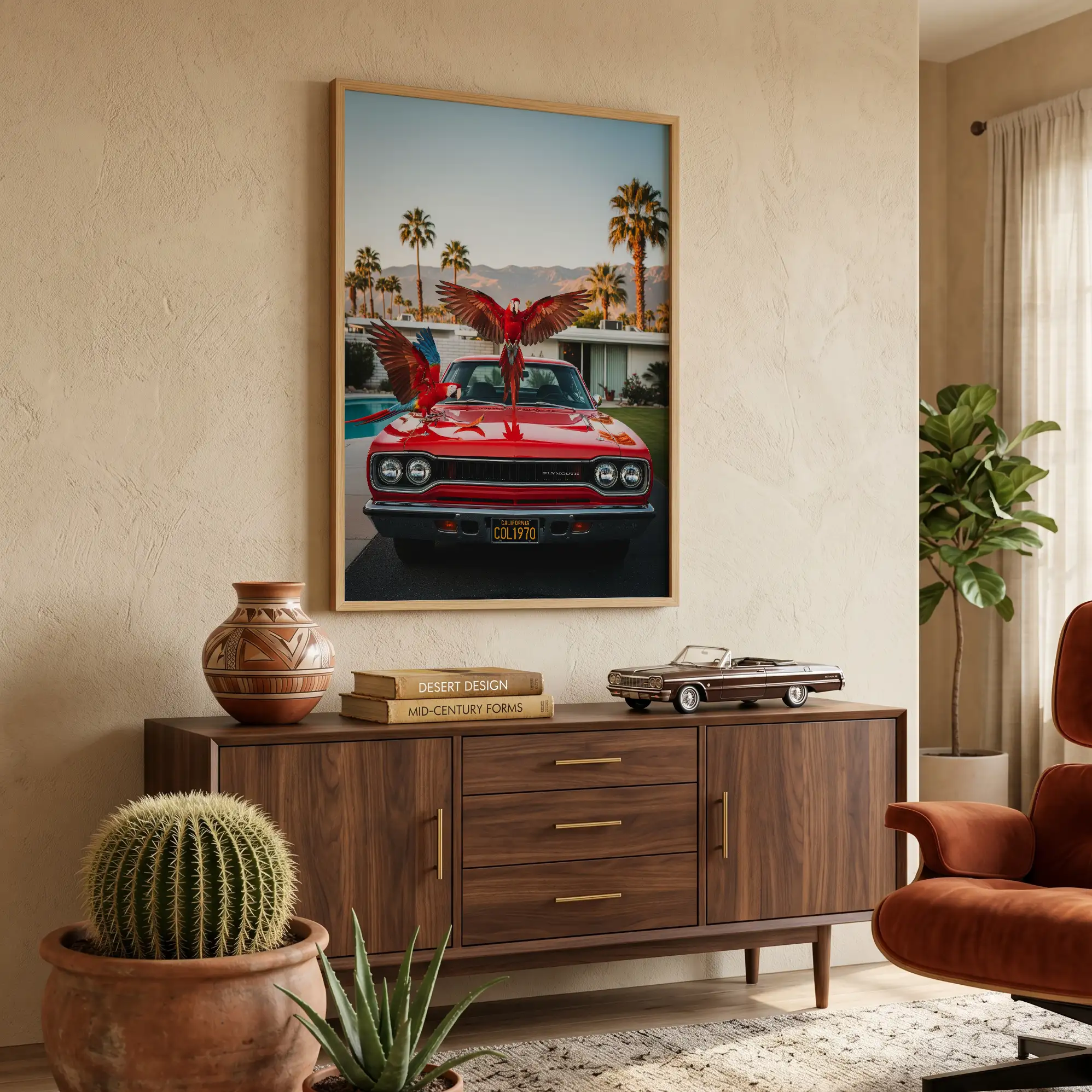 Palm Springs-inspired framed parrot print with classic red Plymouth.