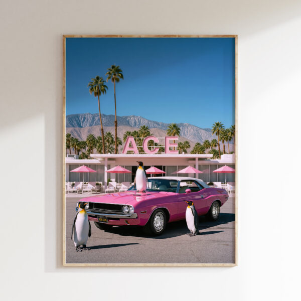 Penguin resort wall art artwork view 1 with two penguins and a pink car in a sunlit resort setting