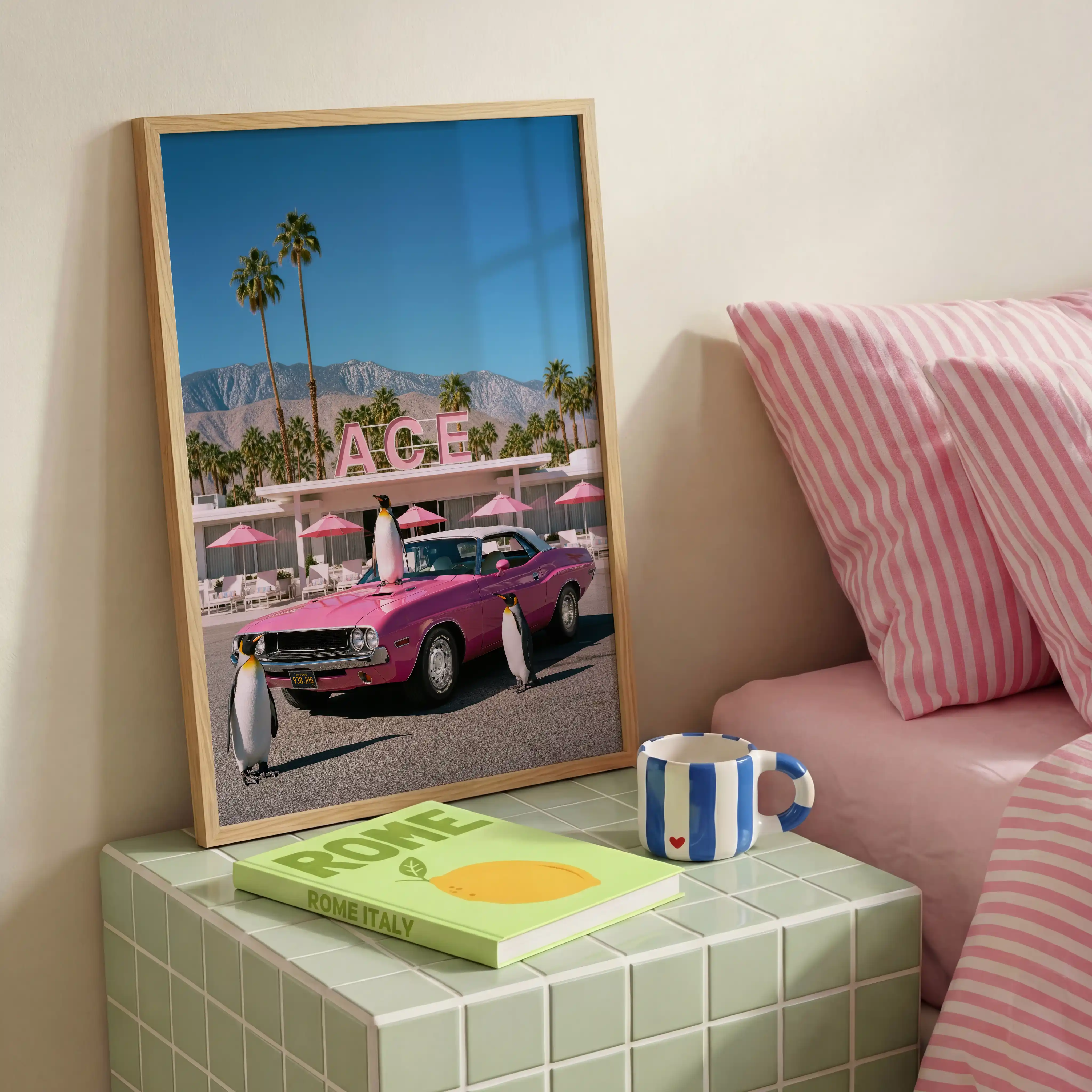 Penguin resort wall art artwork view 2 with two penguins and a pink car in a sunlit resort setting